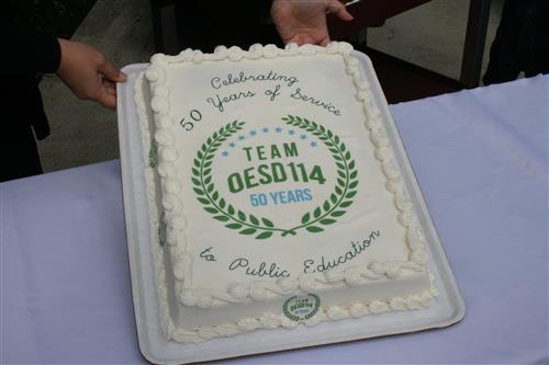 Celebration cake "Celebrating 50 Years of Service to Public Education" - Center Logo "Team OESD 50 Years" 
