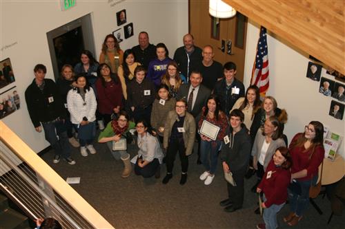 Photographed:  Superintendent Greg Lynch with Students who participated in the Art Show Reception
